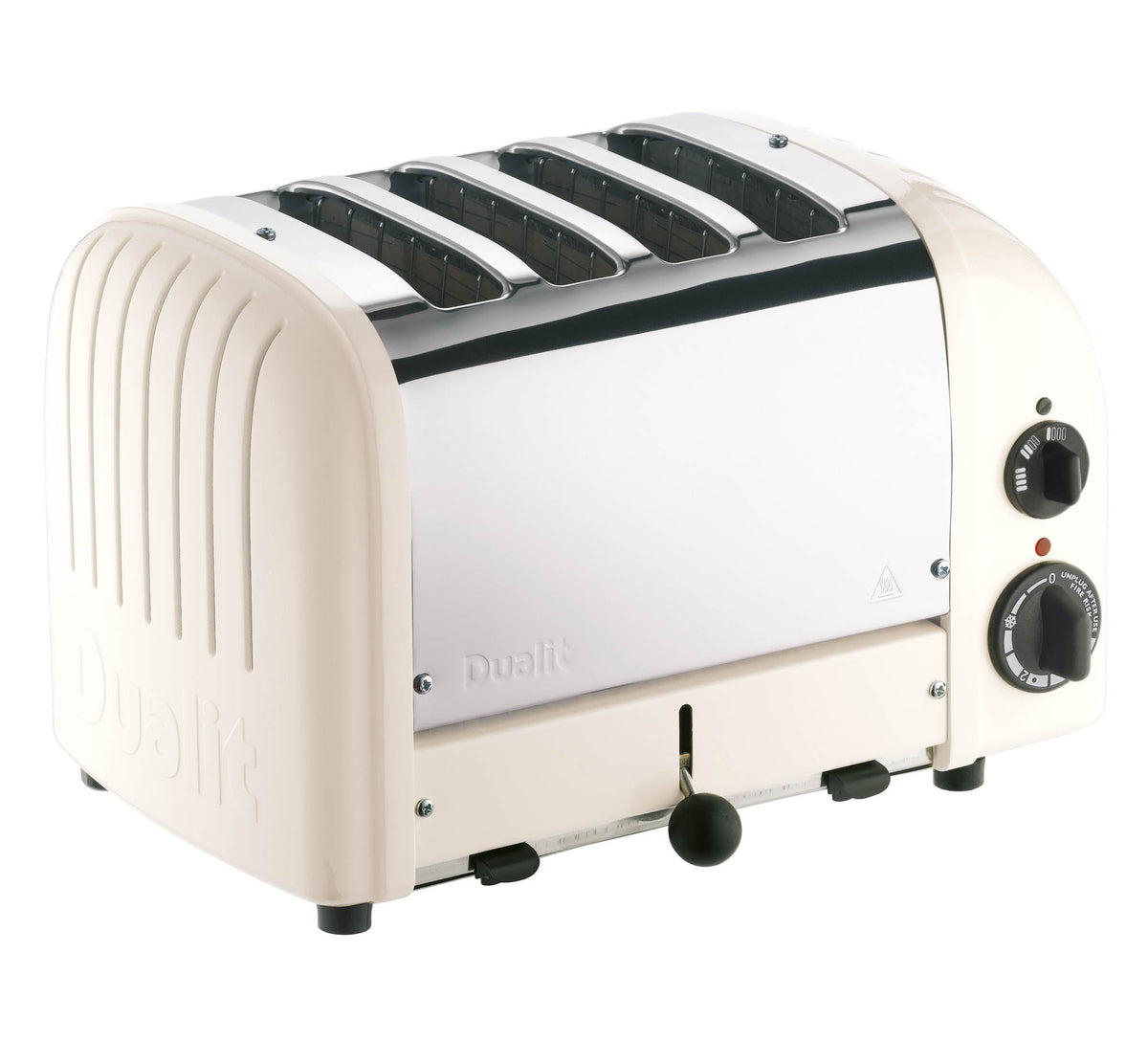 Dualit NewGen cream-white 4-slice toaster with modern design, featuring control knobs and slots for toasting bread.