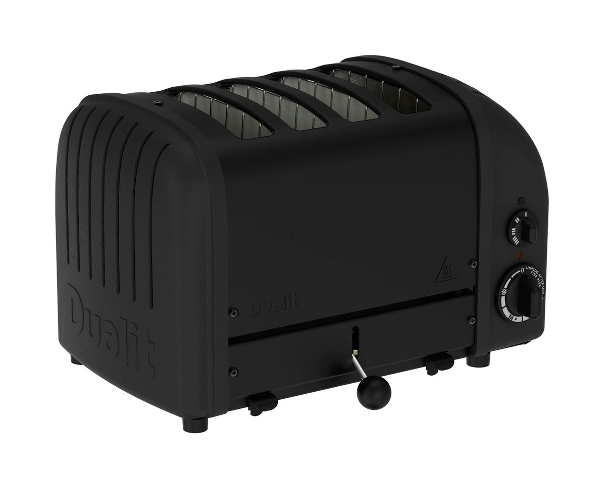Dualit Newgen black 4-slice toaster with modern design and control buttons, perfect for toasting bread and bagels.