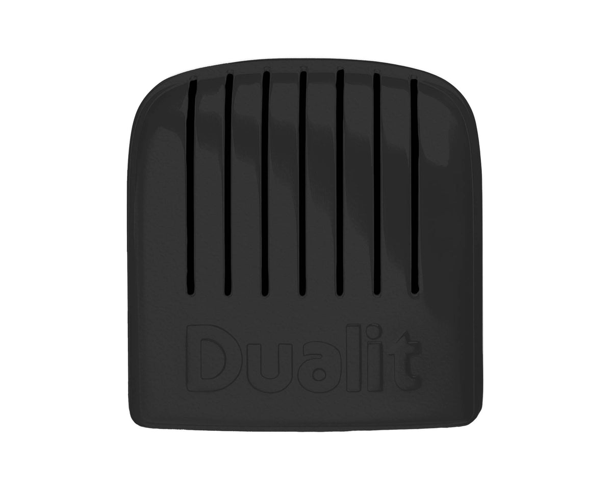 Dualit Newgen black 4-slice toaster with modern design and control buttons, suitable for toasting bread and bagels.