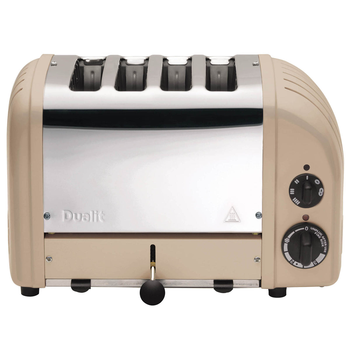 Dualit NewGen polished 4-slice toaster with sleek design and control knobs, ideal for toasting bread and bagels.