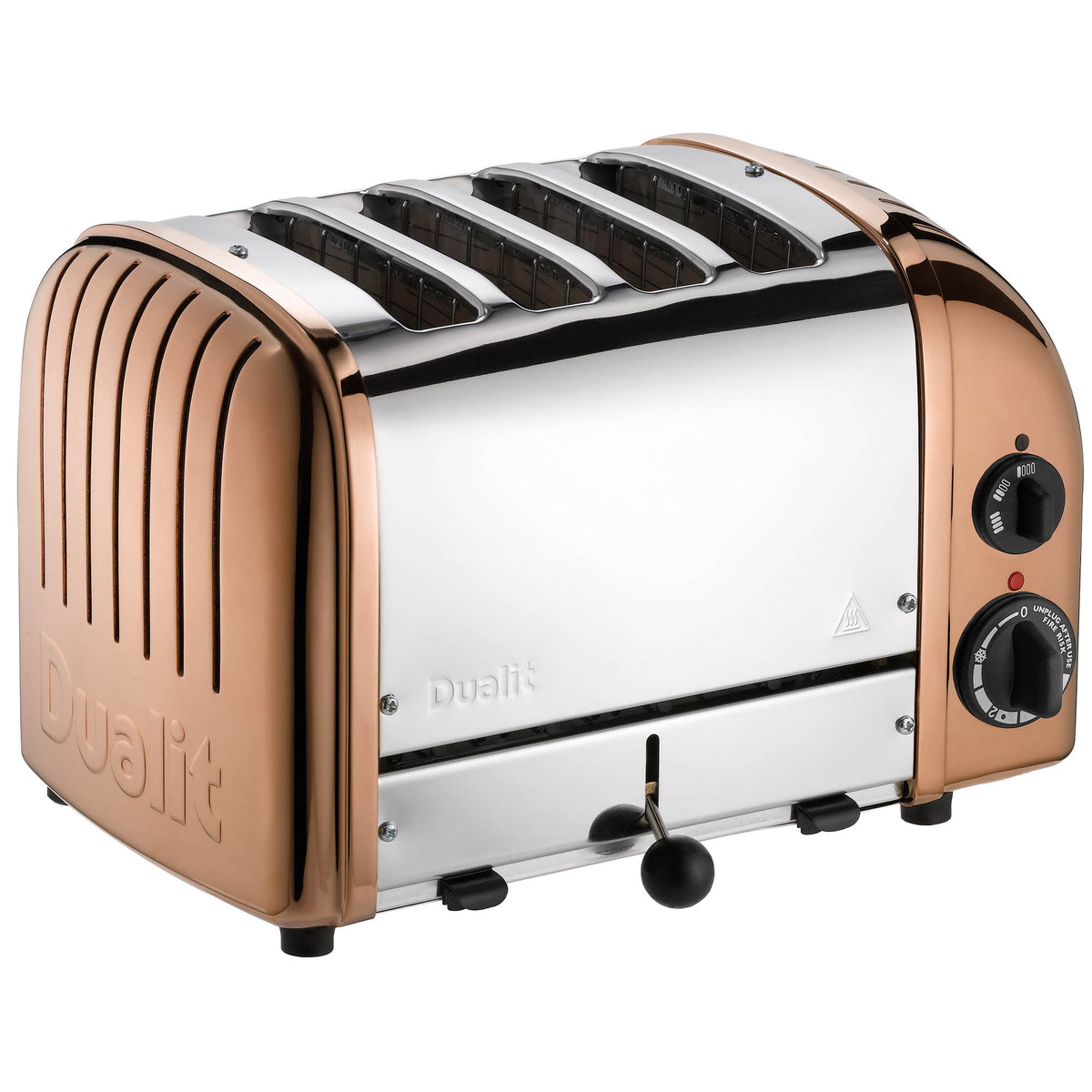 Dualit NewGen copper 4-slice toaster with modern design and control buttons, featuring slots for bread to toast evenly.