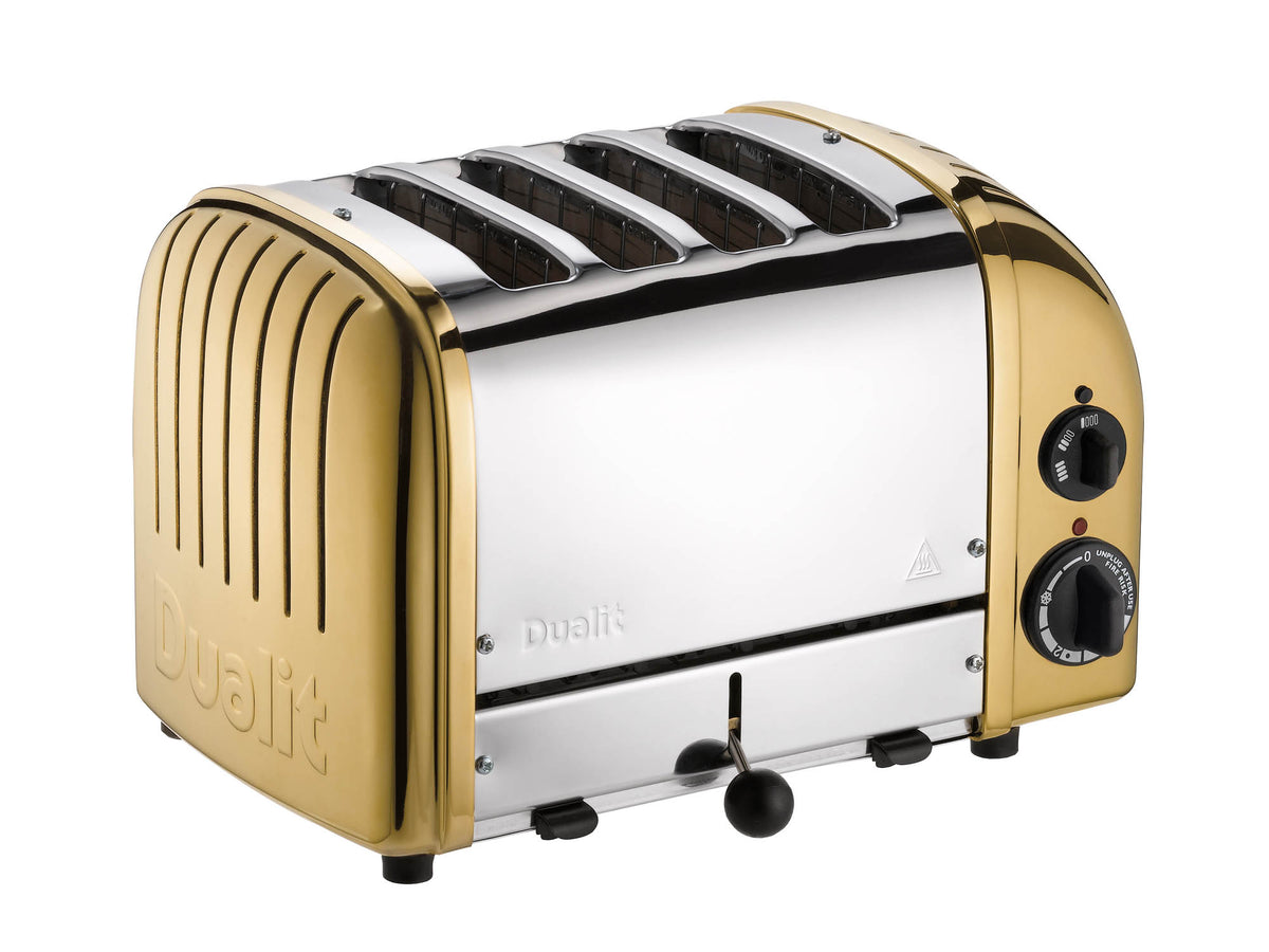 Dualit Newgen 4-slice toaster with stainless steel finish, featuring modern design and multiple browning settings for even toasting.