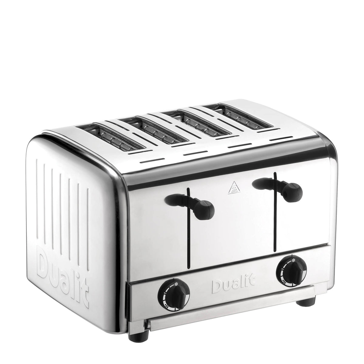 Black DUALIT GASTRO pop-up toaster with two slots and control lever, designed for toasting bread slices efficiently.