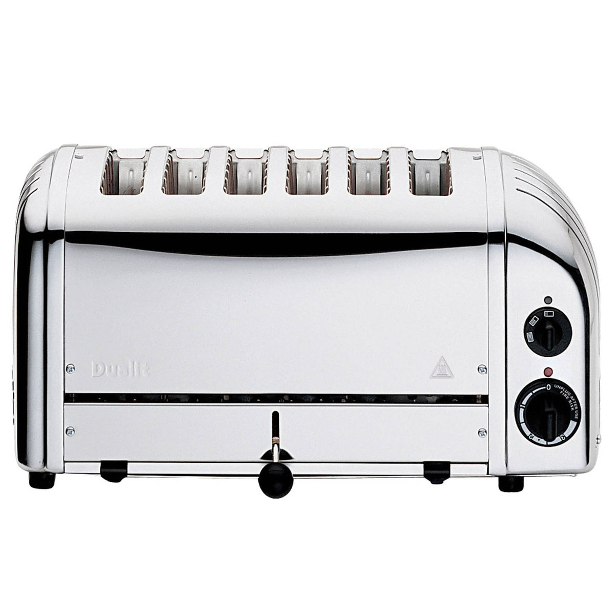 Dualit Classic stainless steel toaster with six slots, featuring a modern design and adjustable browning control.