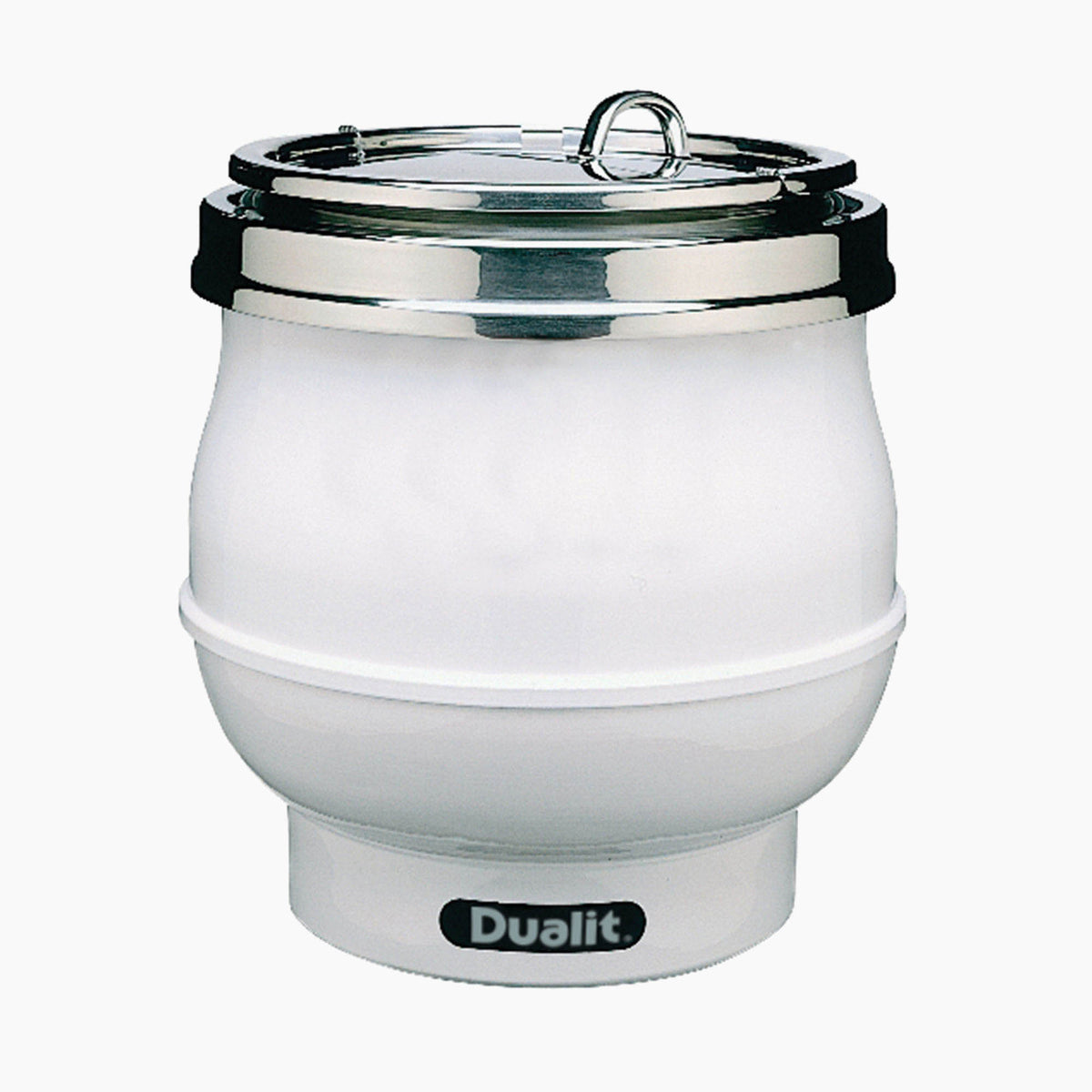 Dualit white 11L soup kettle, professional stainless steel soup pot with handles, suitable for commercial kitchen use.