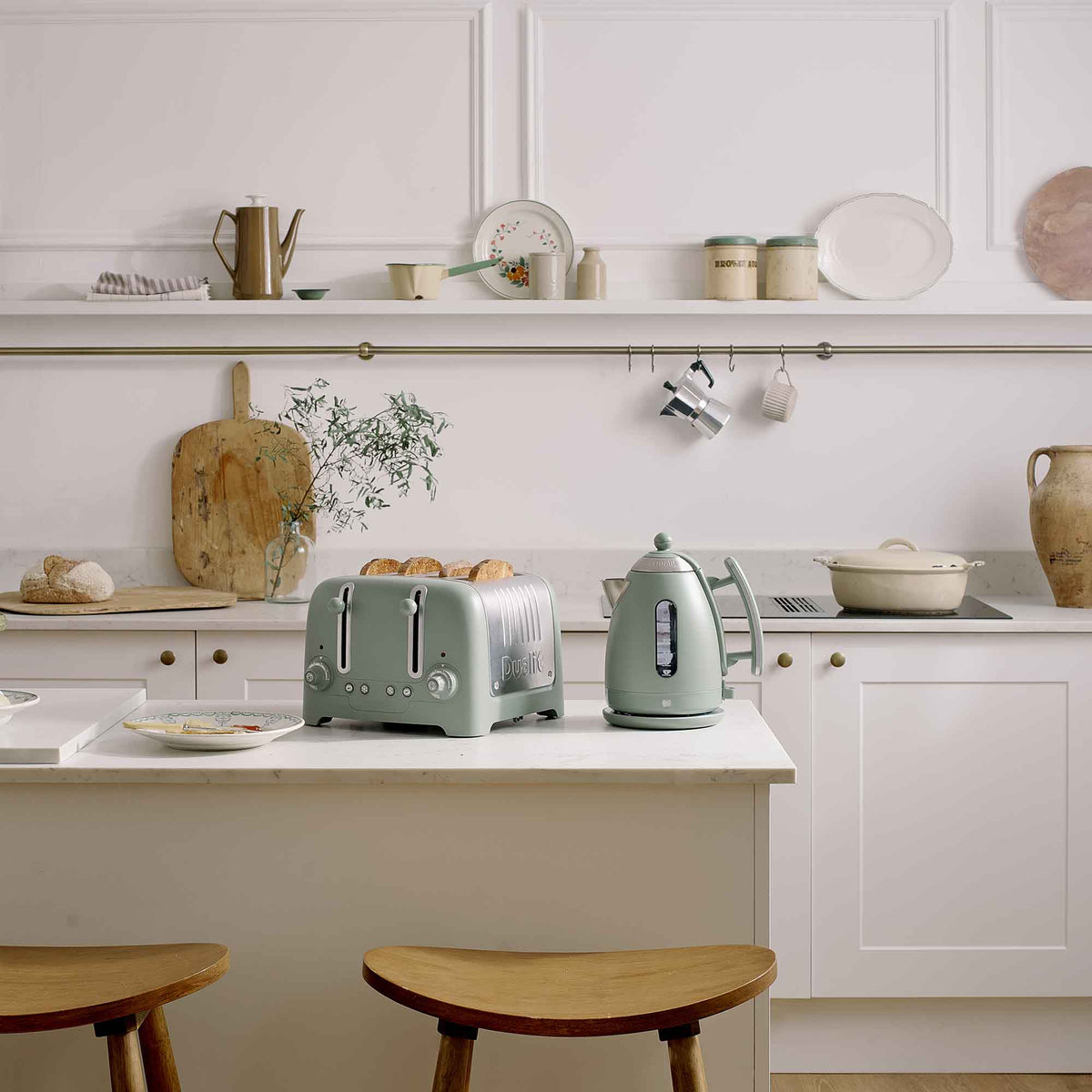 Dualit LITE electric kettle in sage green with 1.5L capacity, stainless steel body and modern design.