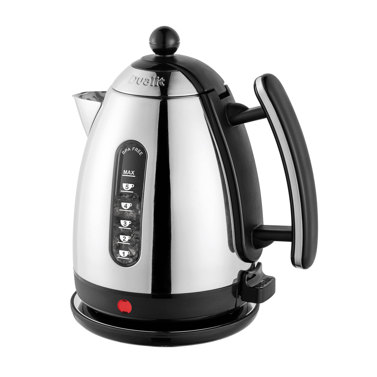 Black DUALIT Lite water kettle with 1.5-liter capacity, featuring a sleek design and ergonomic handle.
