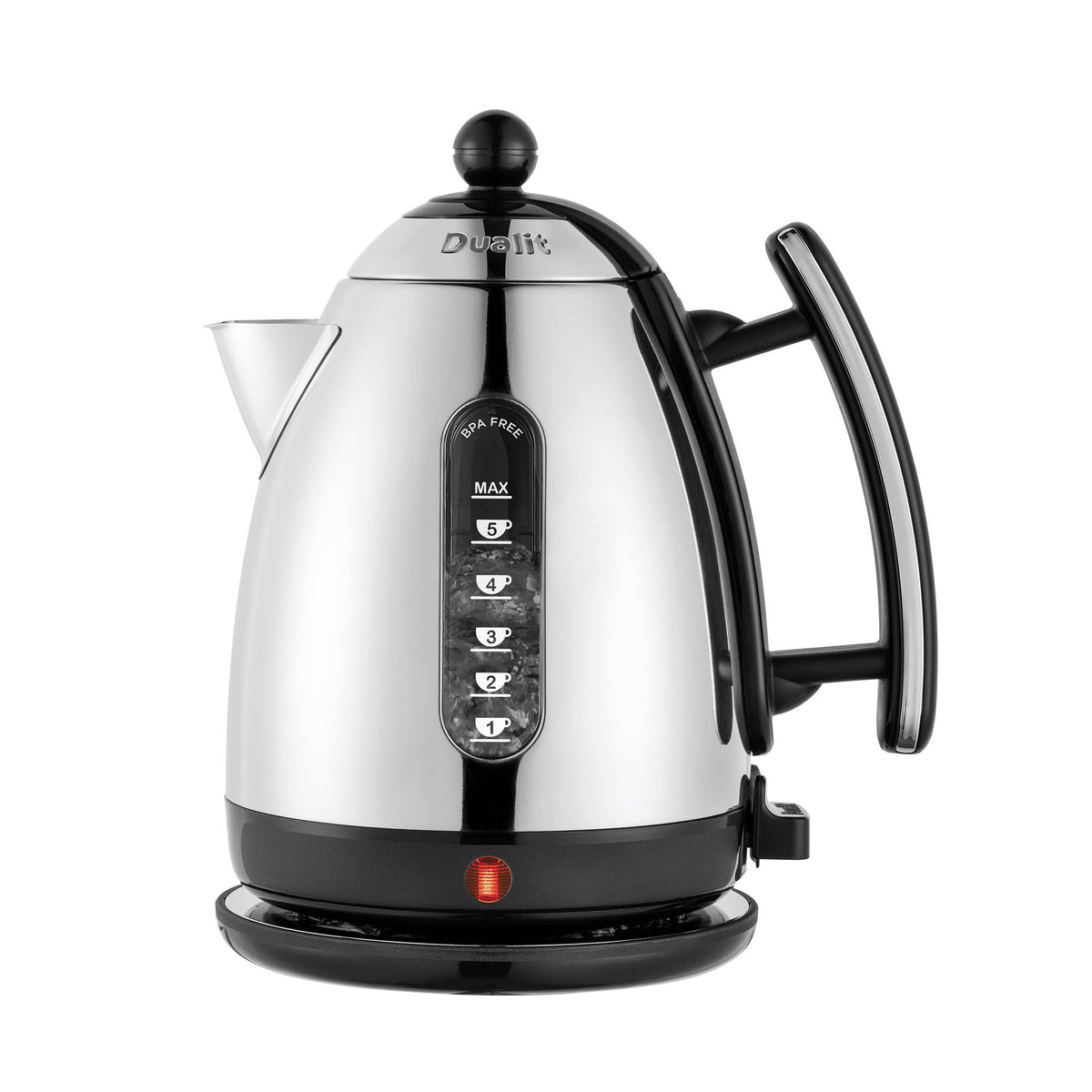 Black DUALIT Lite water kettle with 1.5-liter capacity, featuring a sleek design and ergonomic handle for easy pouring