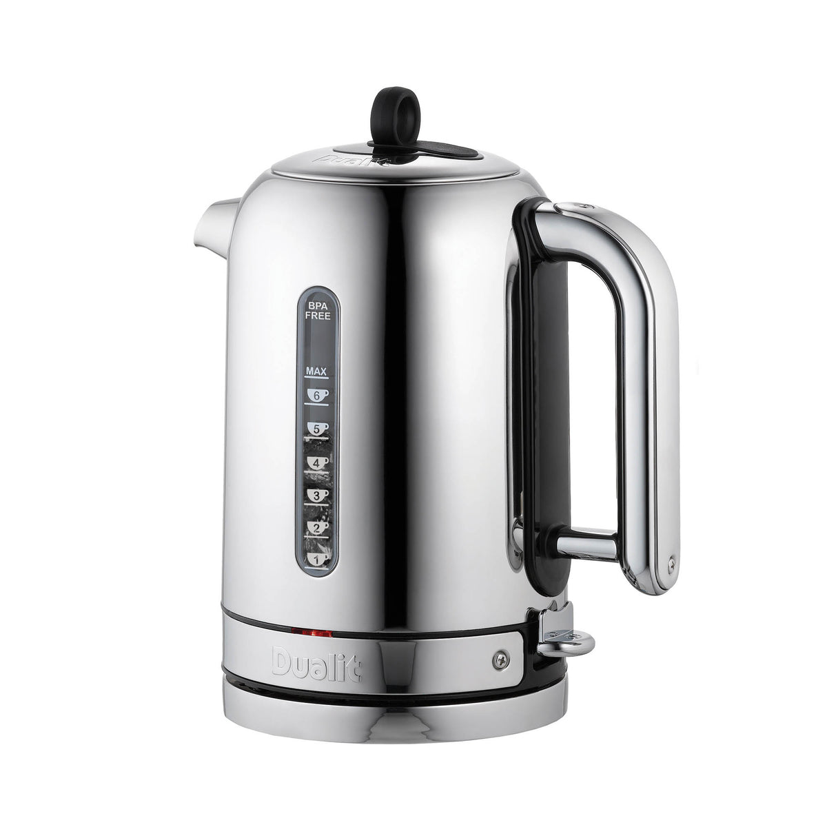 Polished DUALIT Classic 1.7L electric kettle with a sleek design and stainless steel finish, ready for boiling water.