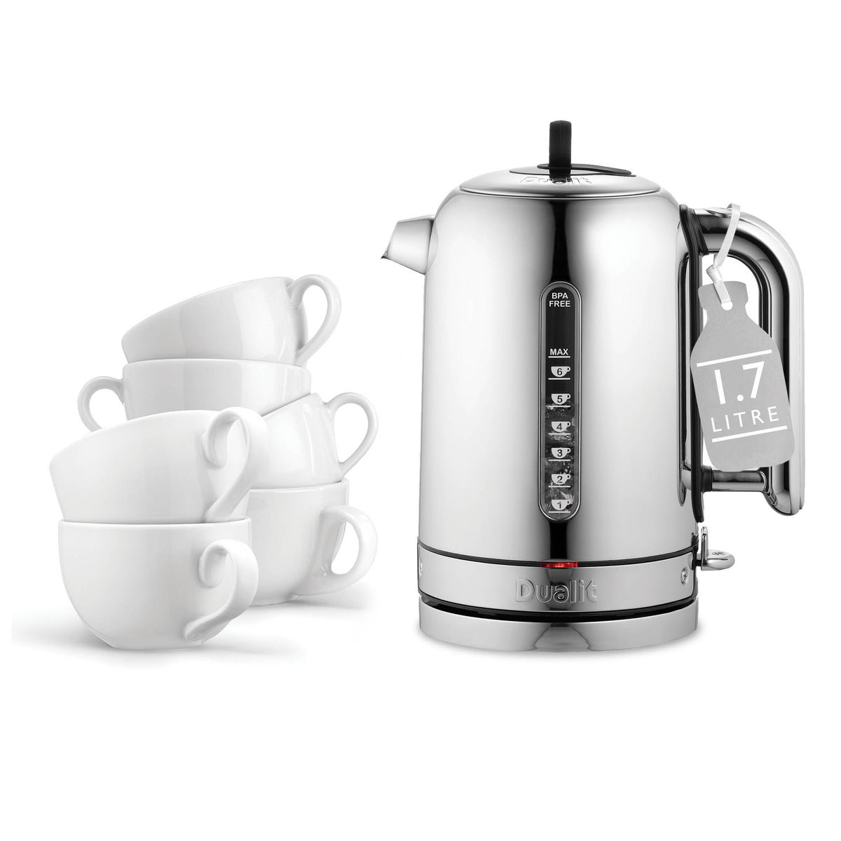 Polished DUALIT Classic 1.7L electric kettle with water level indicator and ergonomic handle, ready for boiling water.