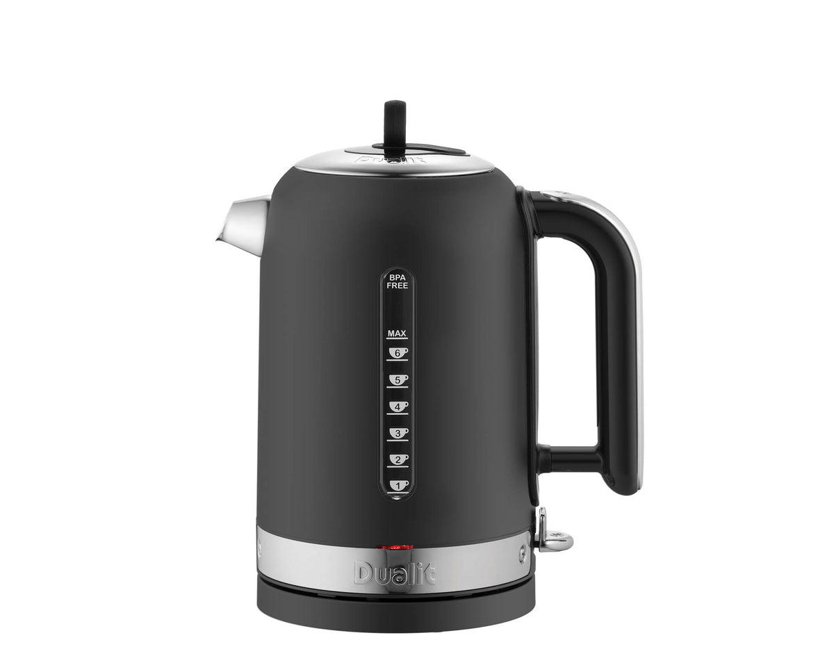 Black DUALIT Classic electric kettle with 1.7-liter capacity, featuring a sleek design and easy-to-use water boiling functionality.