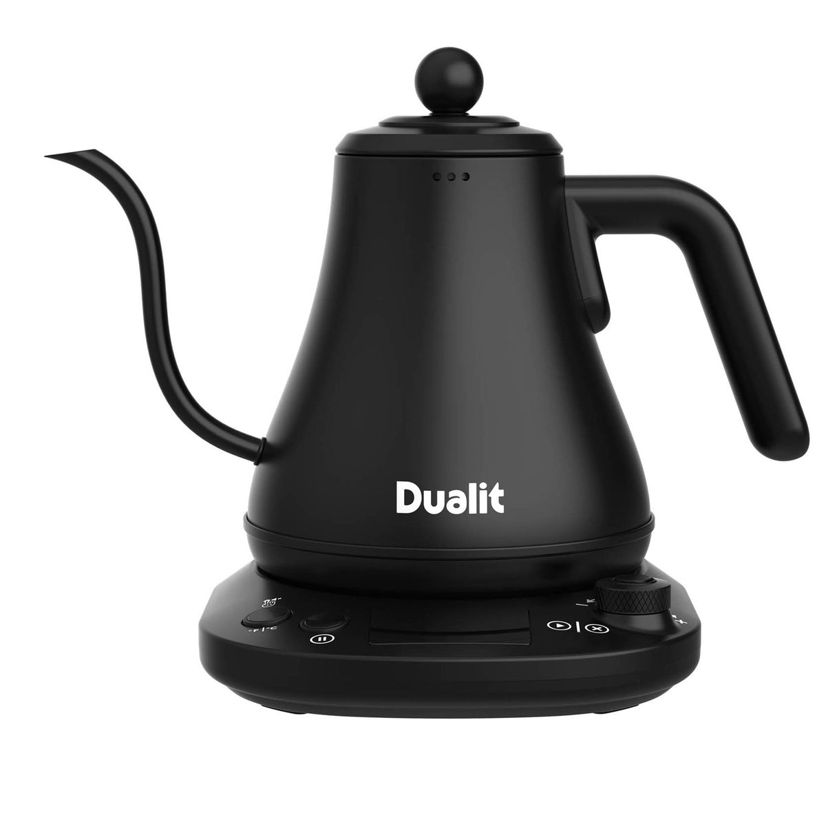 Black DUALIT Classic hand filter coffee pot with a glass carafe and black handle, designed for manual brewing.