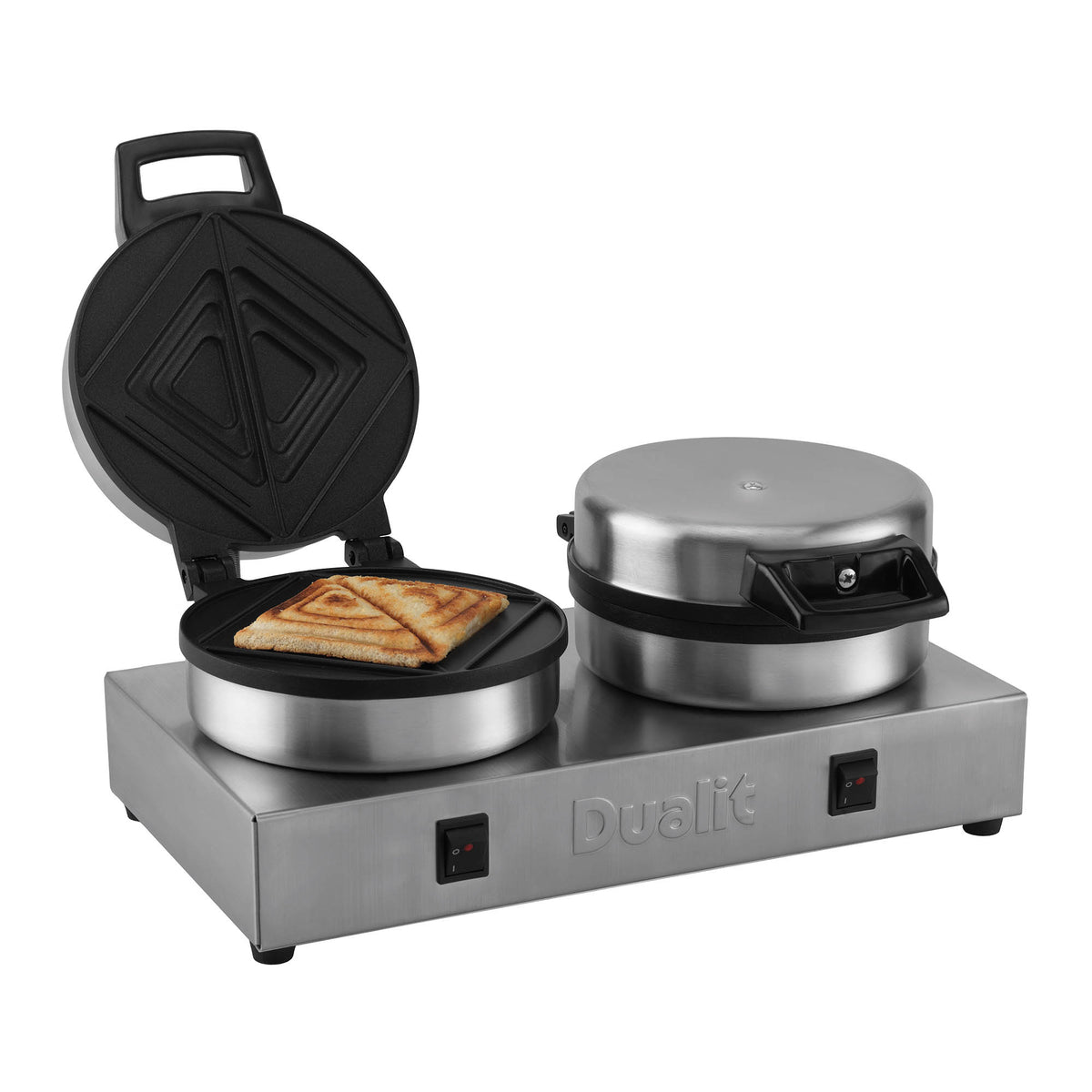 Polished DUALIT TOASTIE toaster with two slots for bread, shiny silver finish, and control dials on the front.