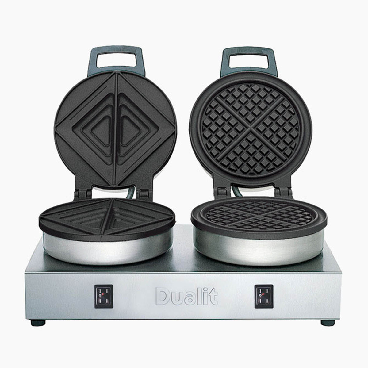 Polished DUALIT contact toast and waffle iron for catering, featuring dual heating plates and professional-grade design.