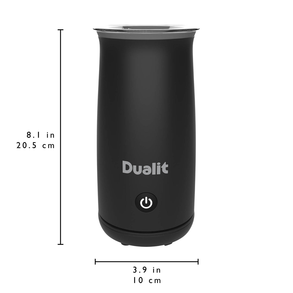 Dualit milk frother in black for milk and chocolate, compact electric milk foam maker with textured surface and control buttons.
