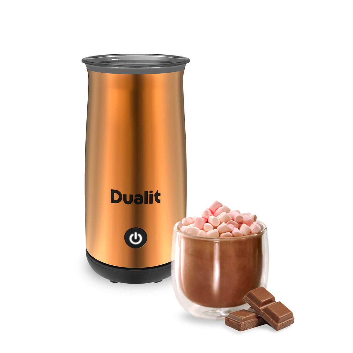 Dualit Milk & Chocolate milk frother in copper, compact electric milk frother for creamy foam and hot chocolate.