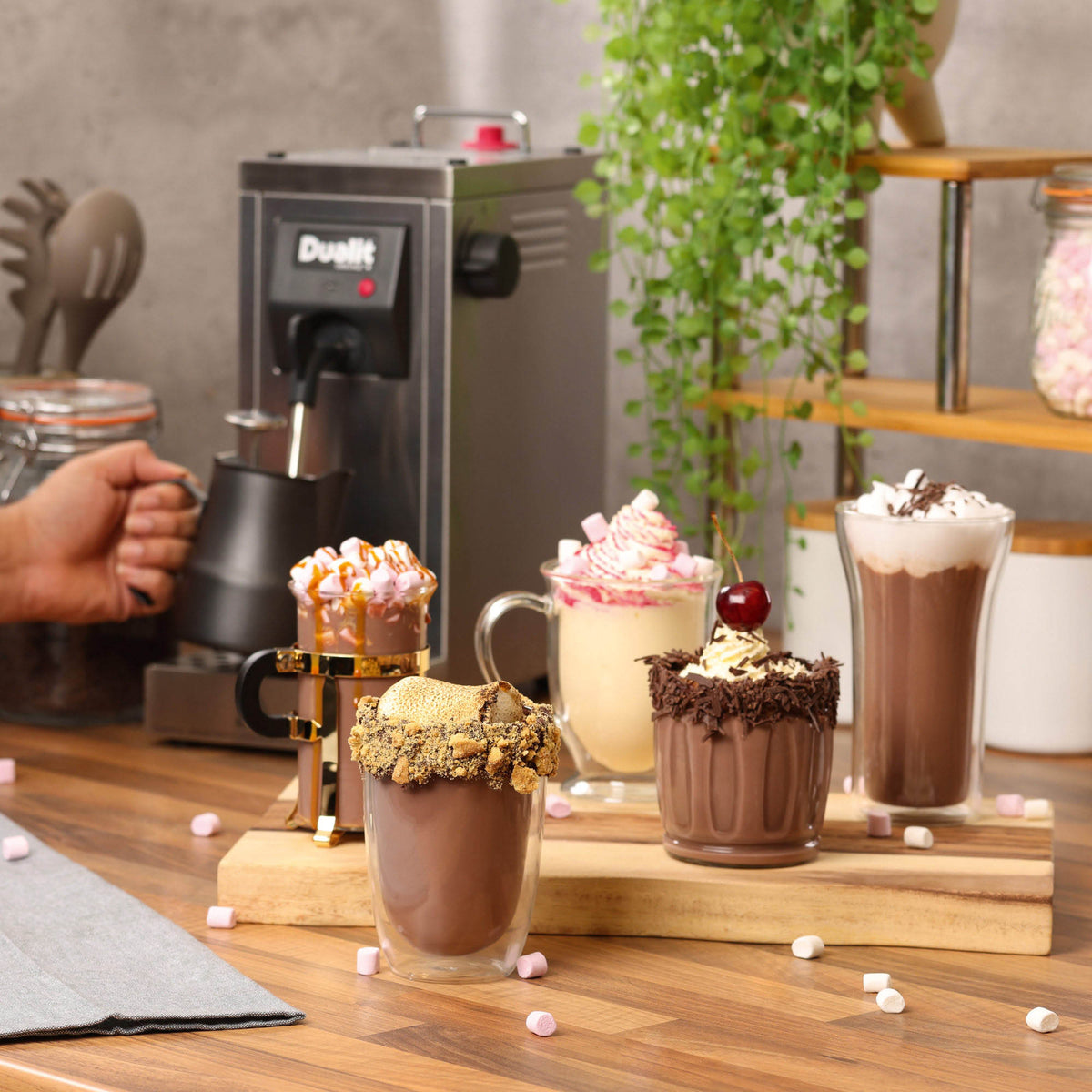 Dualit CINO milk frother for catering, stainless steel milk steamer with ergonomic handle and frothing attachment.