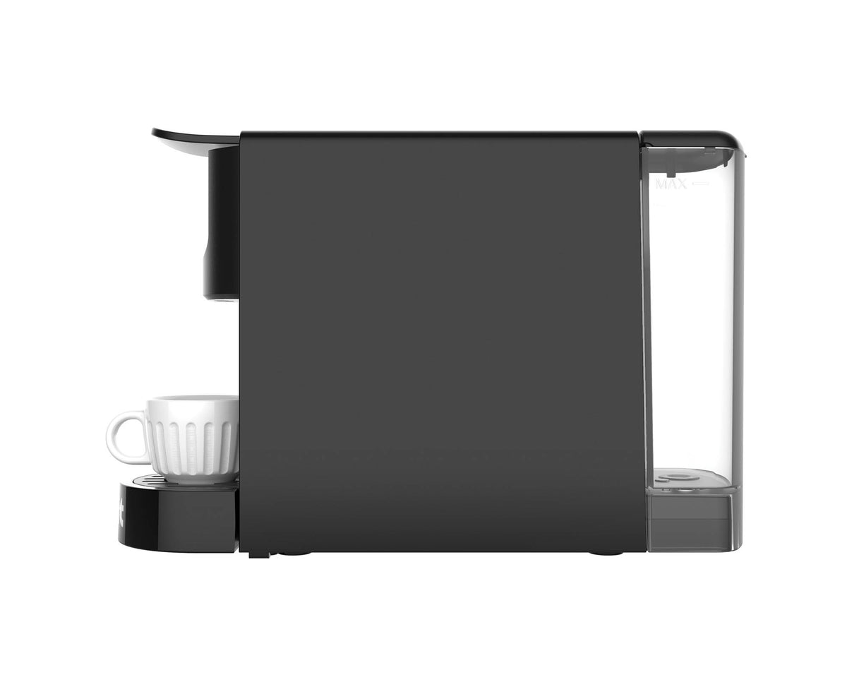 Dualit coffee capsule machine in black, compact 34 cm kitchen appliance with sleek design and easy capsule operation.
