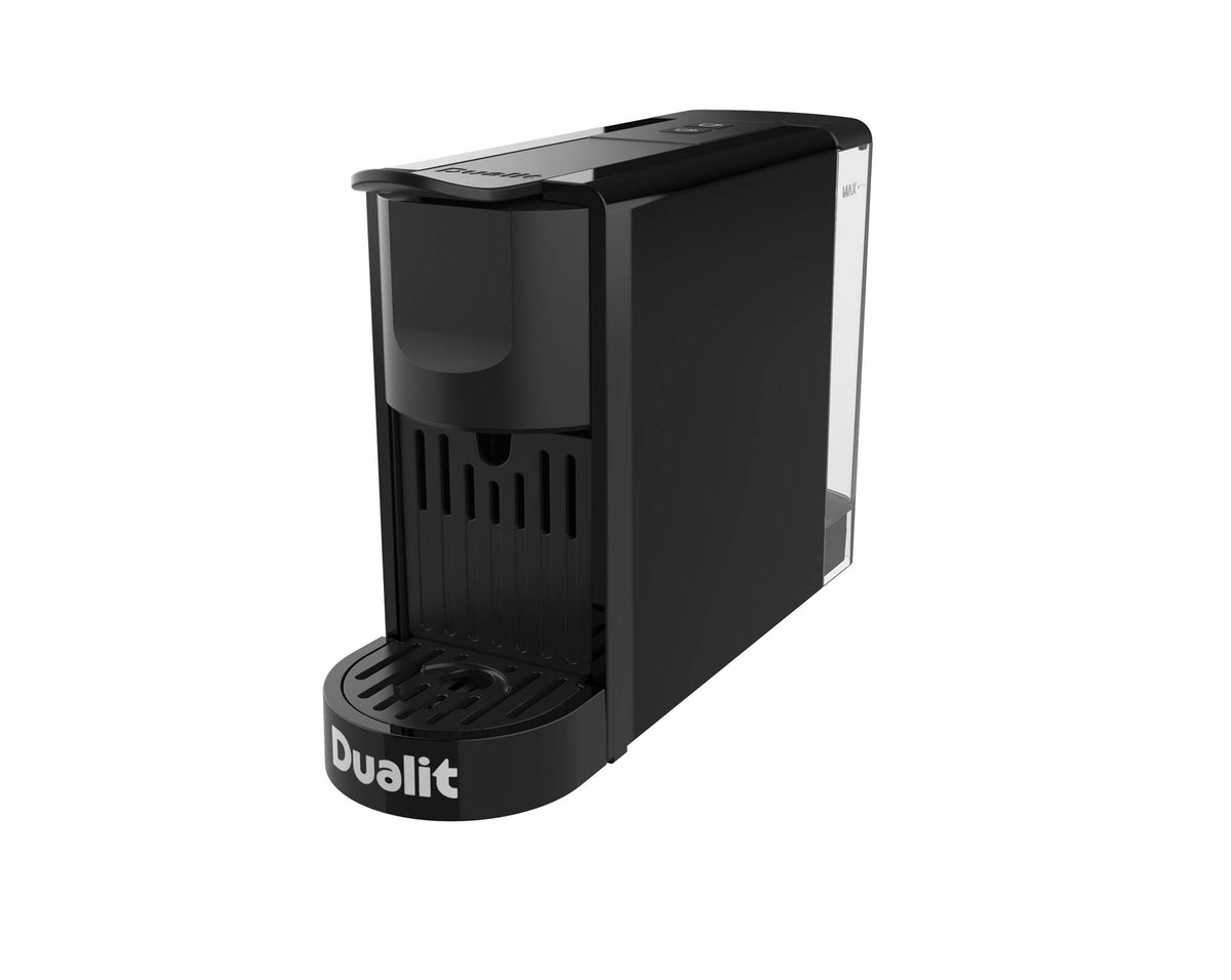 Dualit coffee capsule machine in black, 34 cm tall, compact design for easy use and stylish kitchen addition.