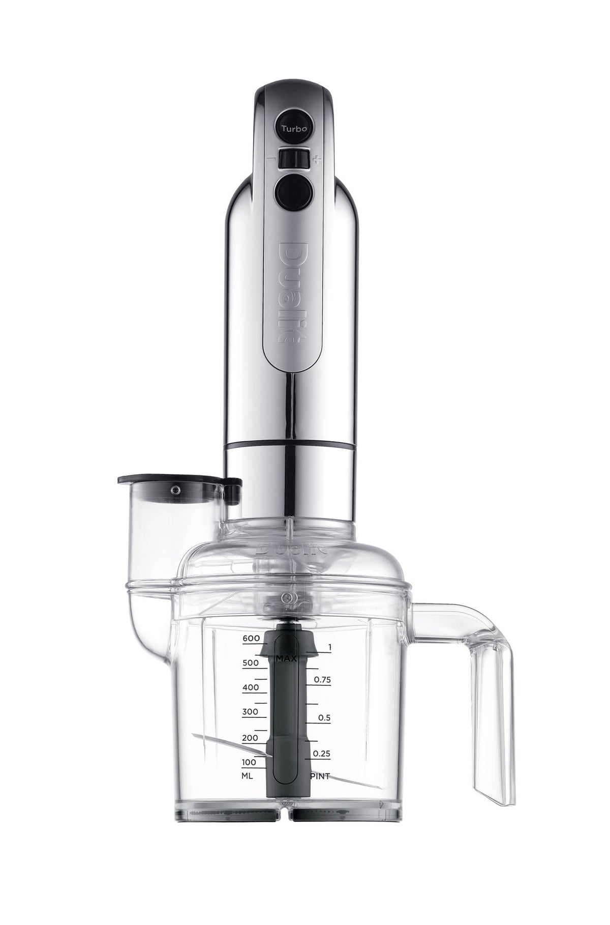 Dualit Classic polished hand blender with stainless steel blending shaft and ergonomic handle, suitable for mixing and blending.
