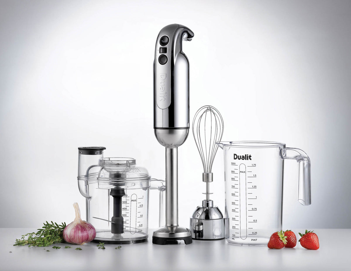 Dualit Classic polished handheld immersion blender with stainless steel blending shaft and ergonomic handle.
