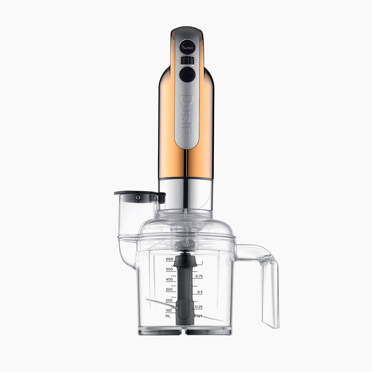 Dualit Classic copper hand blender with stainless steel blending shaft and ergonomic handle, displayed on a kitchen countertop.