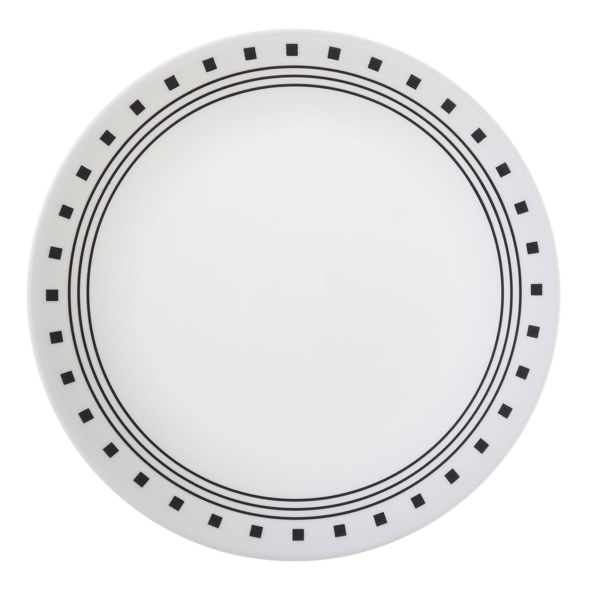 Corelle City Block white dinnerware set showing plates and bowls on a table, durable ceramic dinnerware by Corelle.