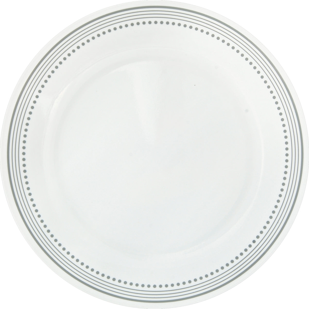 Corelle Mystic Grey dinnerware set with white plates featuring modern graphic designs, stylish and durable ceramic dishware