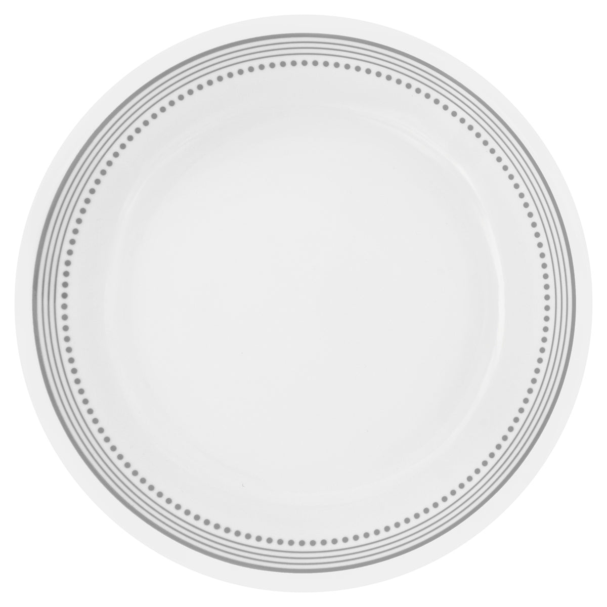 Corelle Mystic Grey dishware set featuring white plates with stylish grey graphic patterns on ceramic dinnerware.