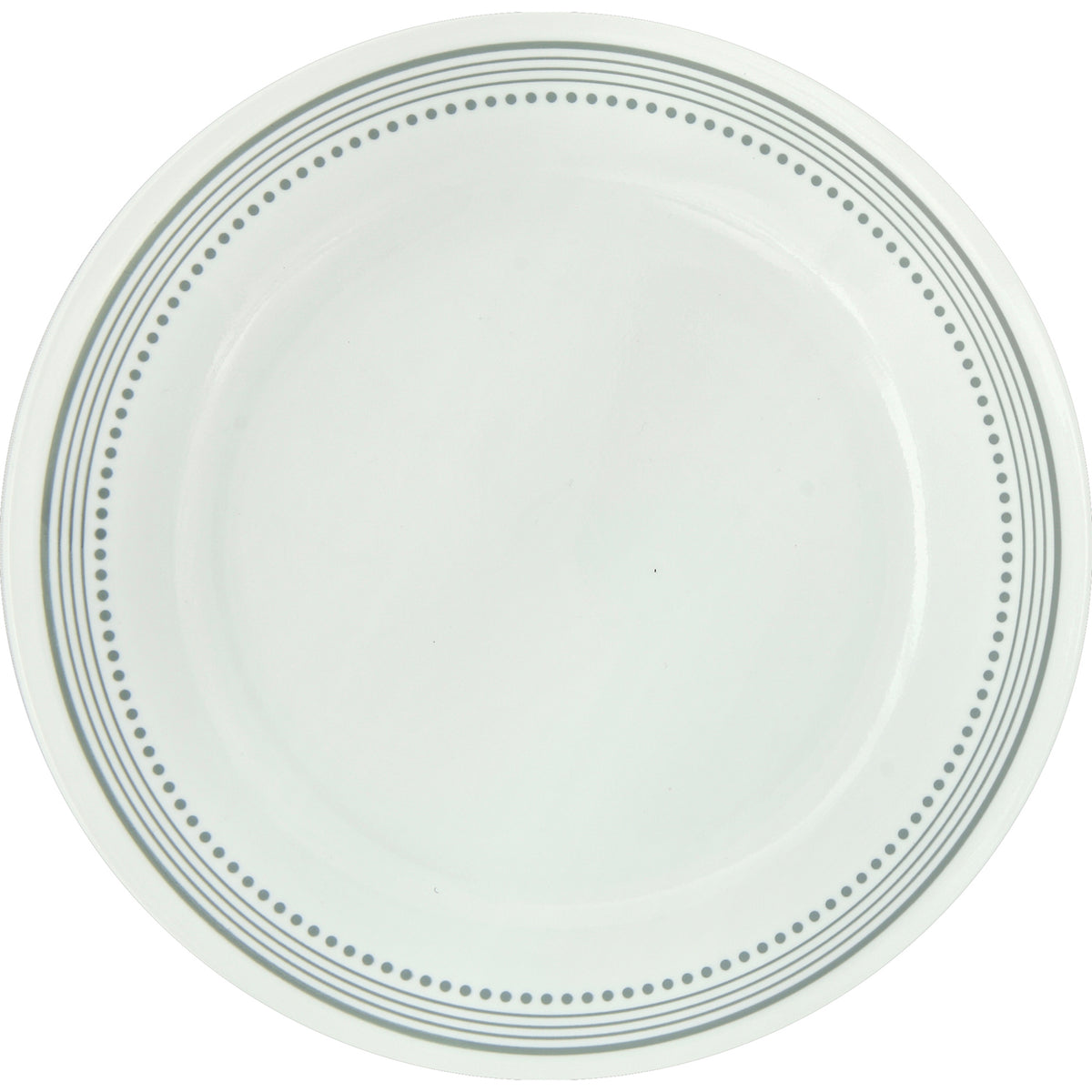 Corelle Mystic Grey dinnerware set with white plates featuring grey graphic patterns, modern ceramic dishware for everyday use