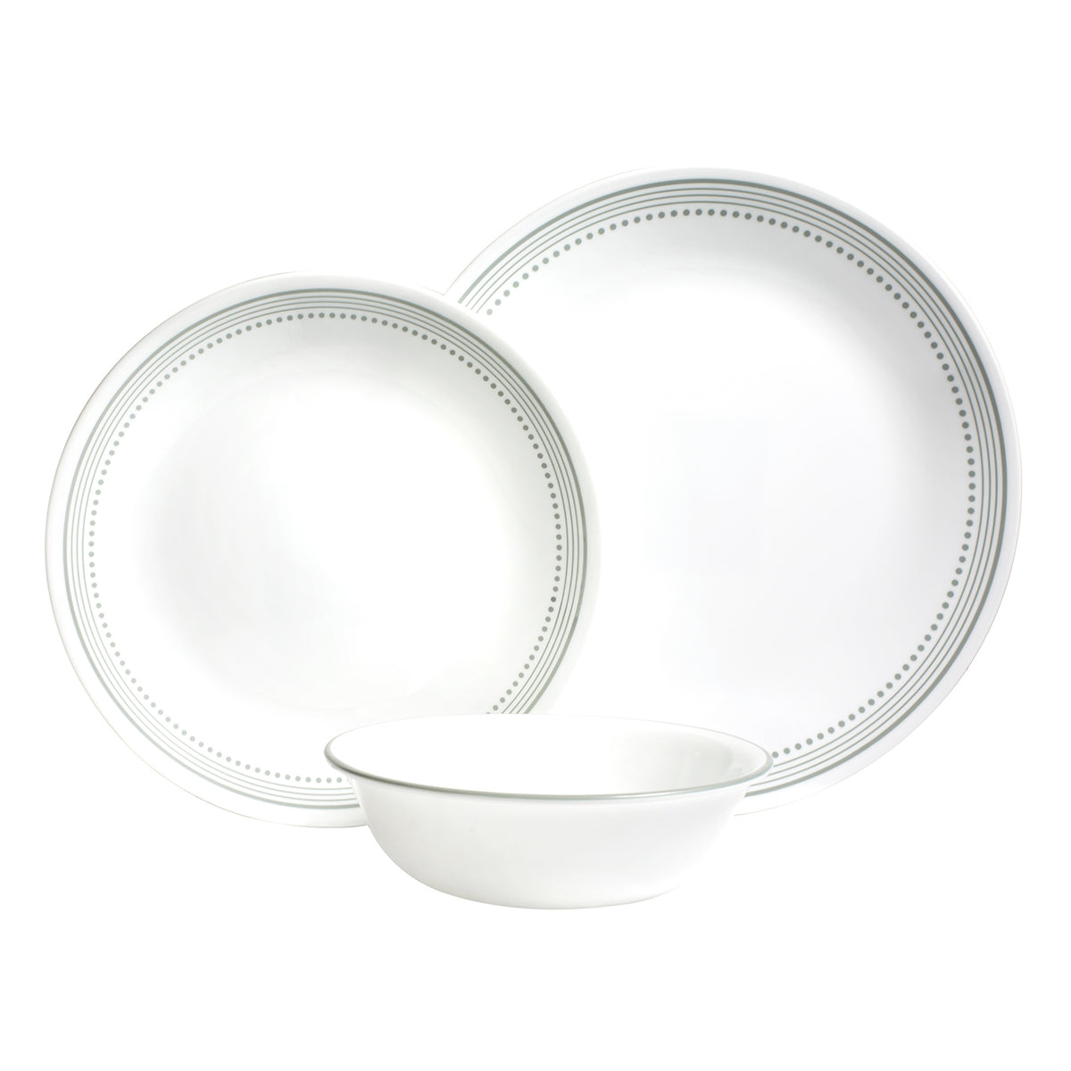 Corelle Mystic Gray dinnerware service featuring white plates and bowls with a modern gray pattern, perfect for everyday use.