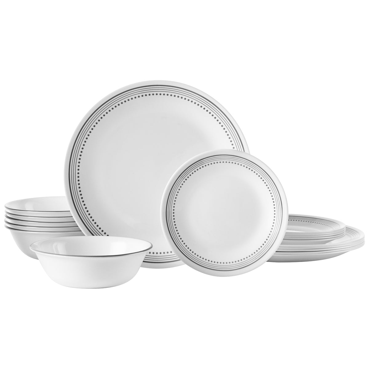 Corelle Mystic Gray dinnerware service set with white plates and dishes, showcasing elegant design and durable ceramic construction.