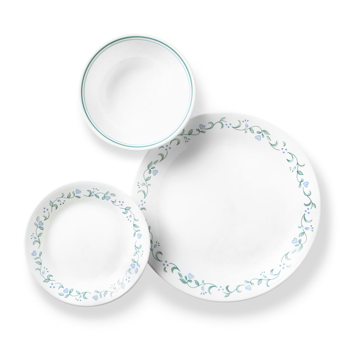 Corelle Country Cottage white dinnerware service with plates, bowls, and cups arranged on a table.