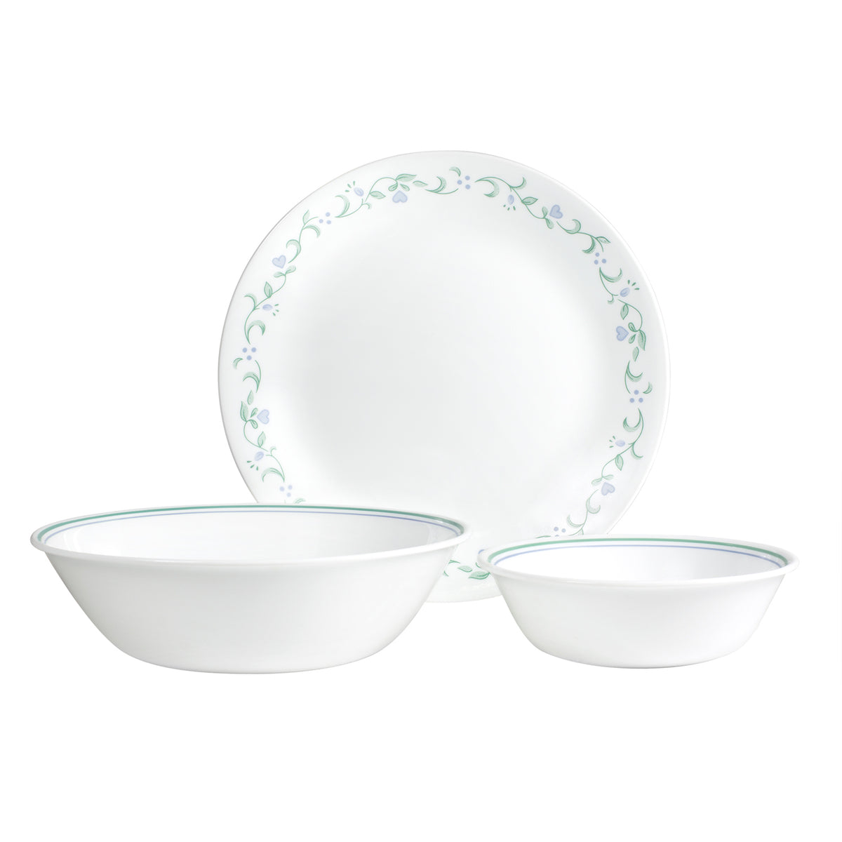 Corelle Country Cottage white dinnerware service with plates, bowls, and cups arranged on a table.
