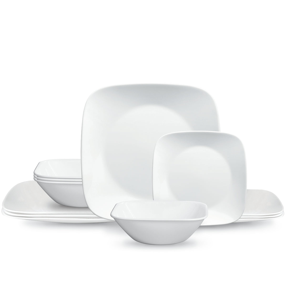 Corelle PURE WHITE dinner service featuring white ceramic plates and bowls arranged on a clean, minimalist table setting.