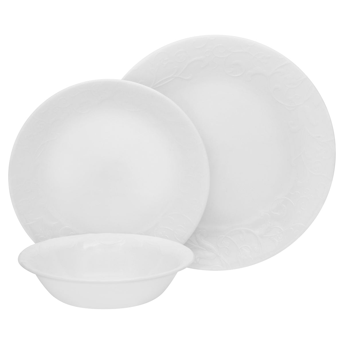 Corelle Bella Faenza white dinnerware service set with plates and bowls, elegant ceramic tableware for everyday use