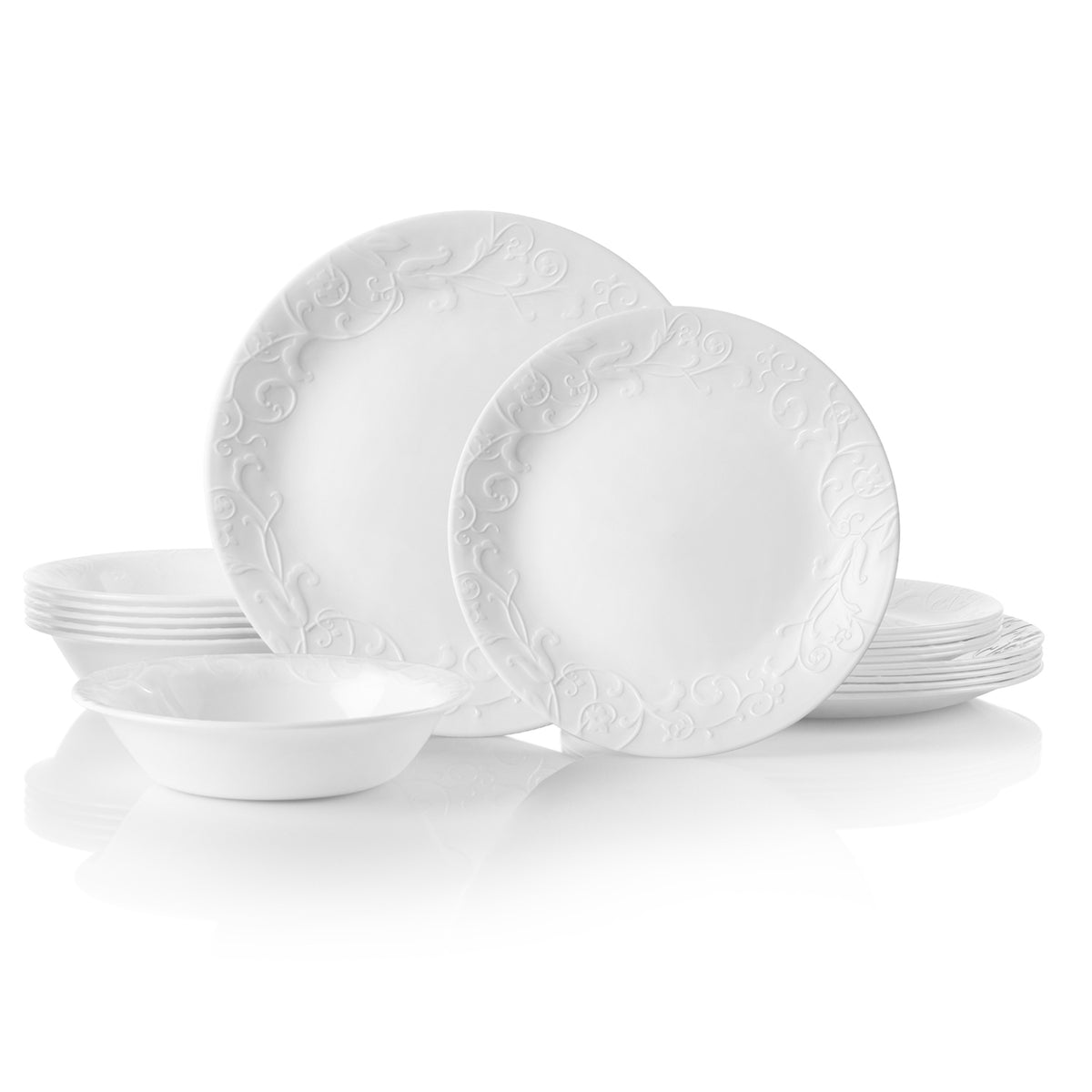 Corelle Bella Faenza white dinnerware service with plates, bowls, and cups arranged on a table for elegant dining.