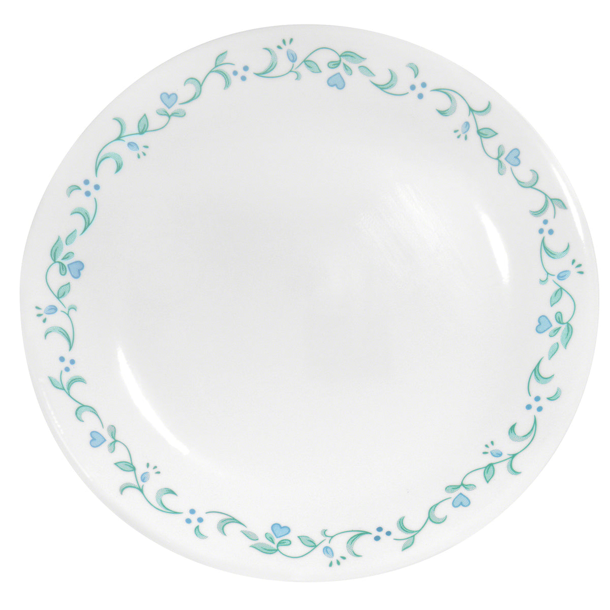 Corelle Country Cottage white dinnerware set with floral graphic design, including plates and bowls, on a neutral background.