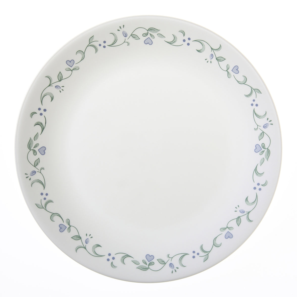 Corelle Country Cottage white dinnerware set with floral graphic design, showcasing plates and bowls for a cozy kitchen display.