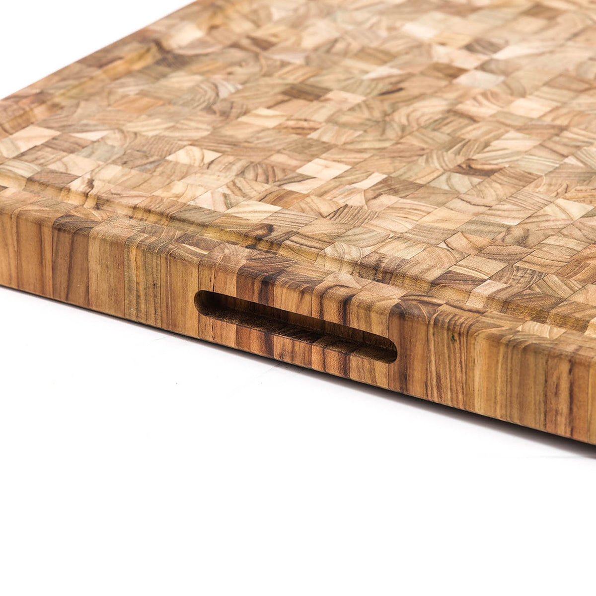 TEAKHAUS teakwood butcher block cutting board with knife marks, rectangular shape, smooth surface, sturdy teak wood construction.