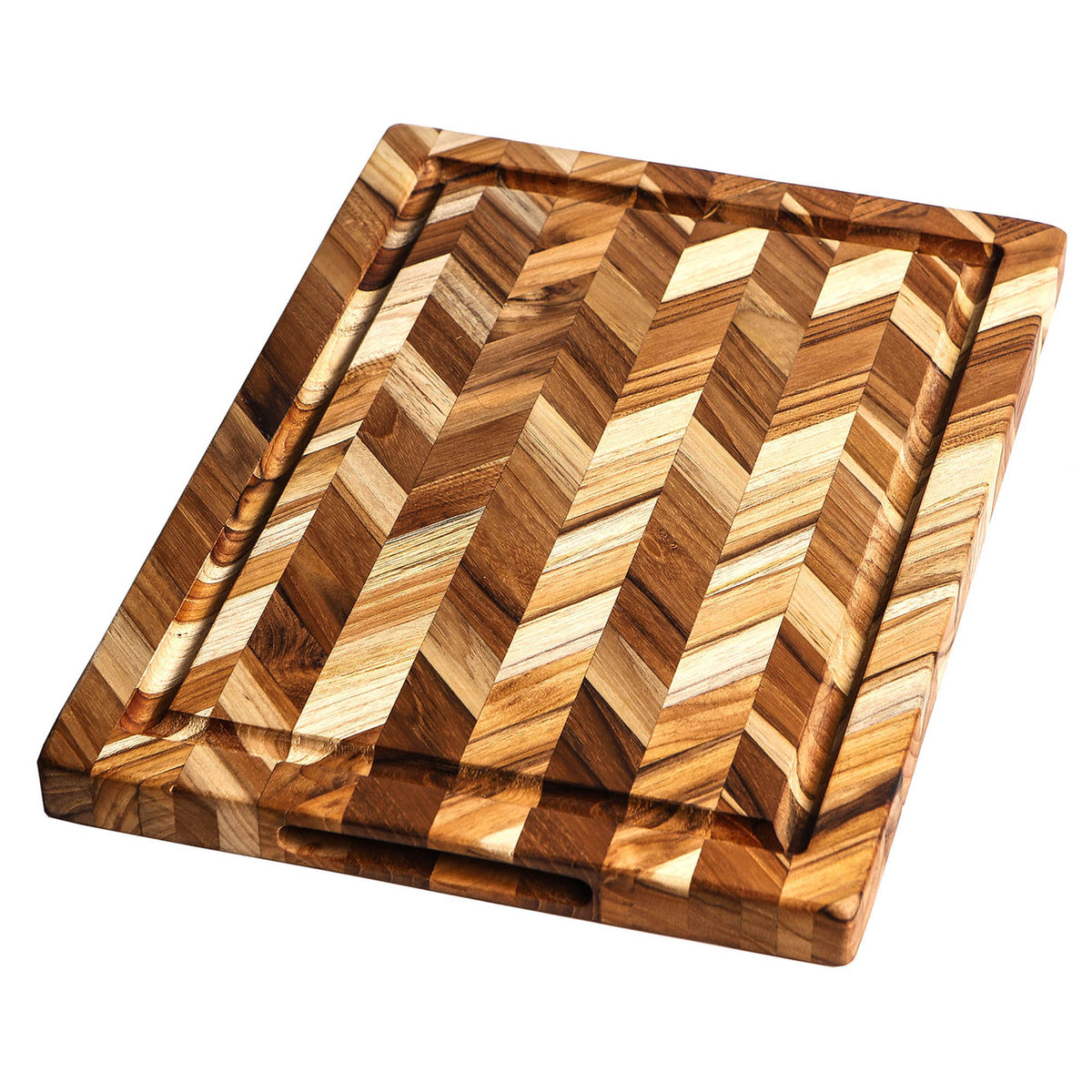 TEAKHAUS teakwood cutting board with herringbone pattern for kitchen use, featuring a natural wood finish and durable design.