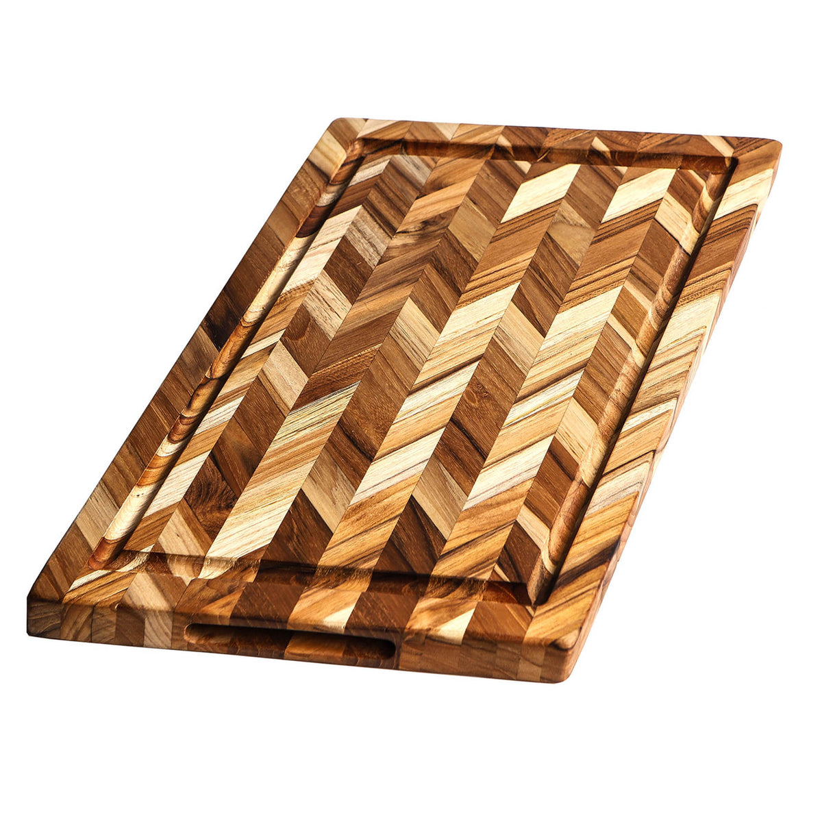 Teakhaus teakwood cutting board with herringbone pattern, ideal for food prep and serving, natural wood finish.