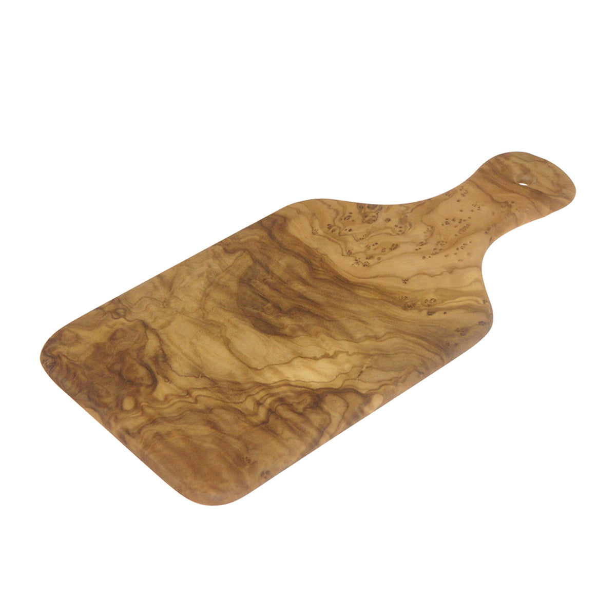BÉRARD olive wood cutting board with handle, 29 x 14 cm, showing smooth surface and natural wood grain.