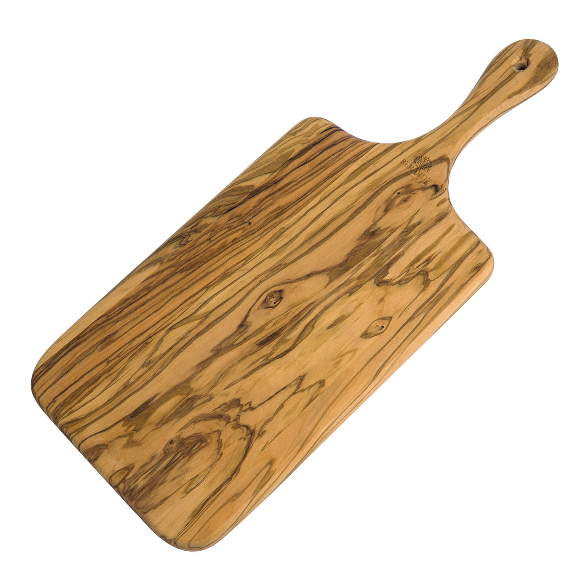 BÉRARD olive wood rectangular cutting board with handle, showcasing natural wood grain and sturdy design for kitchen use