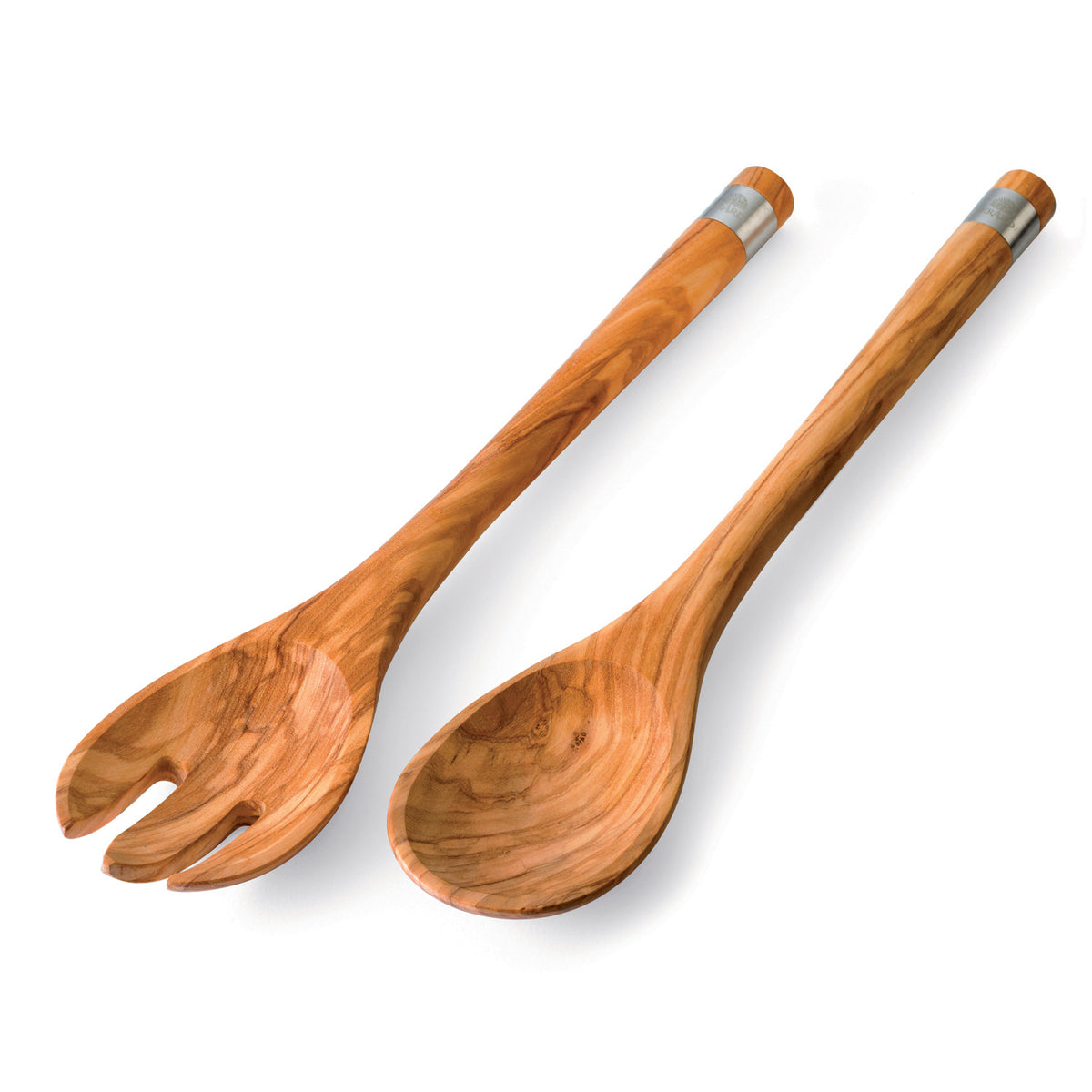 BÉRARD salad serving set in stainless steel with brown handles, 30 cm length, ideal for salads and serving.