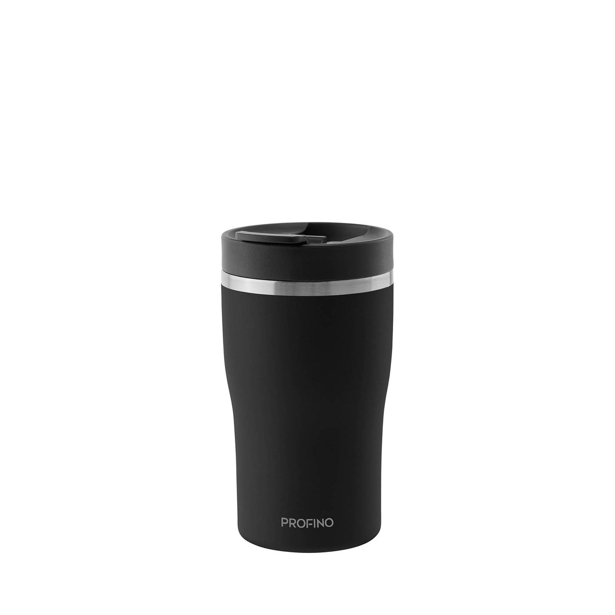 Black PROFINO Barista thermobecher with stainless steel exterior and lid, designed for hot beverage insulation.