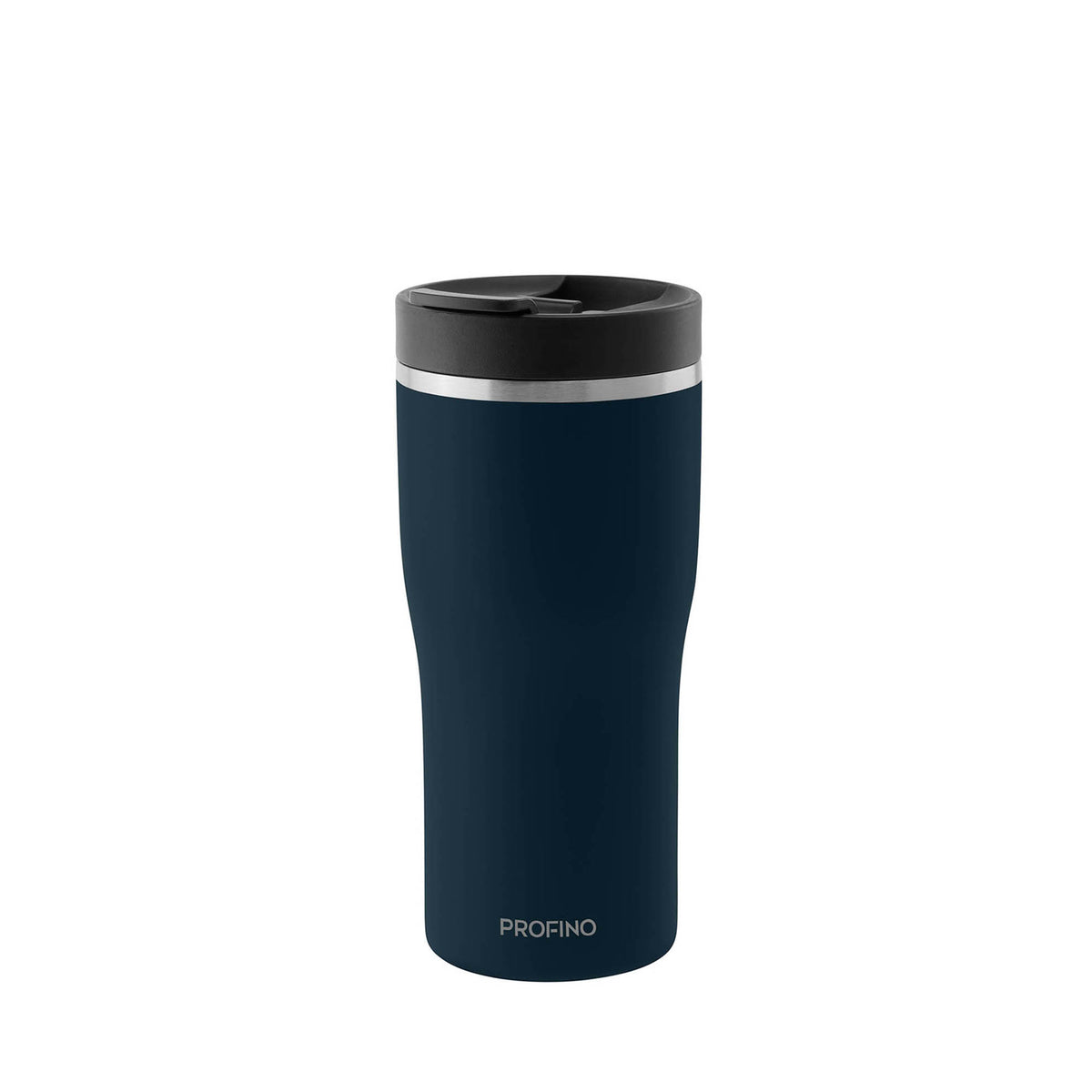 Blue PROFINO BARISTA thermobecher with lid, stainless steel insulation, and ergonomic design for hot beverages.