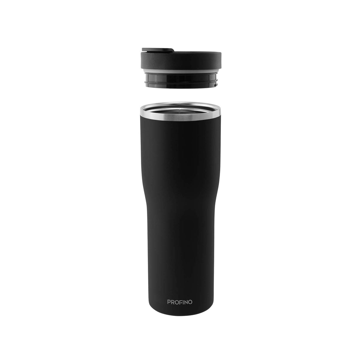 Black PROFINO BARISTA thermobecher with a sleek, insulated design for hot beverages, shown with a closed lid.