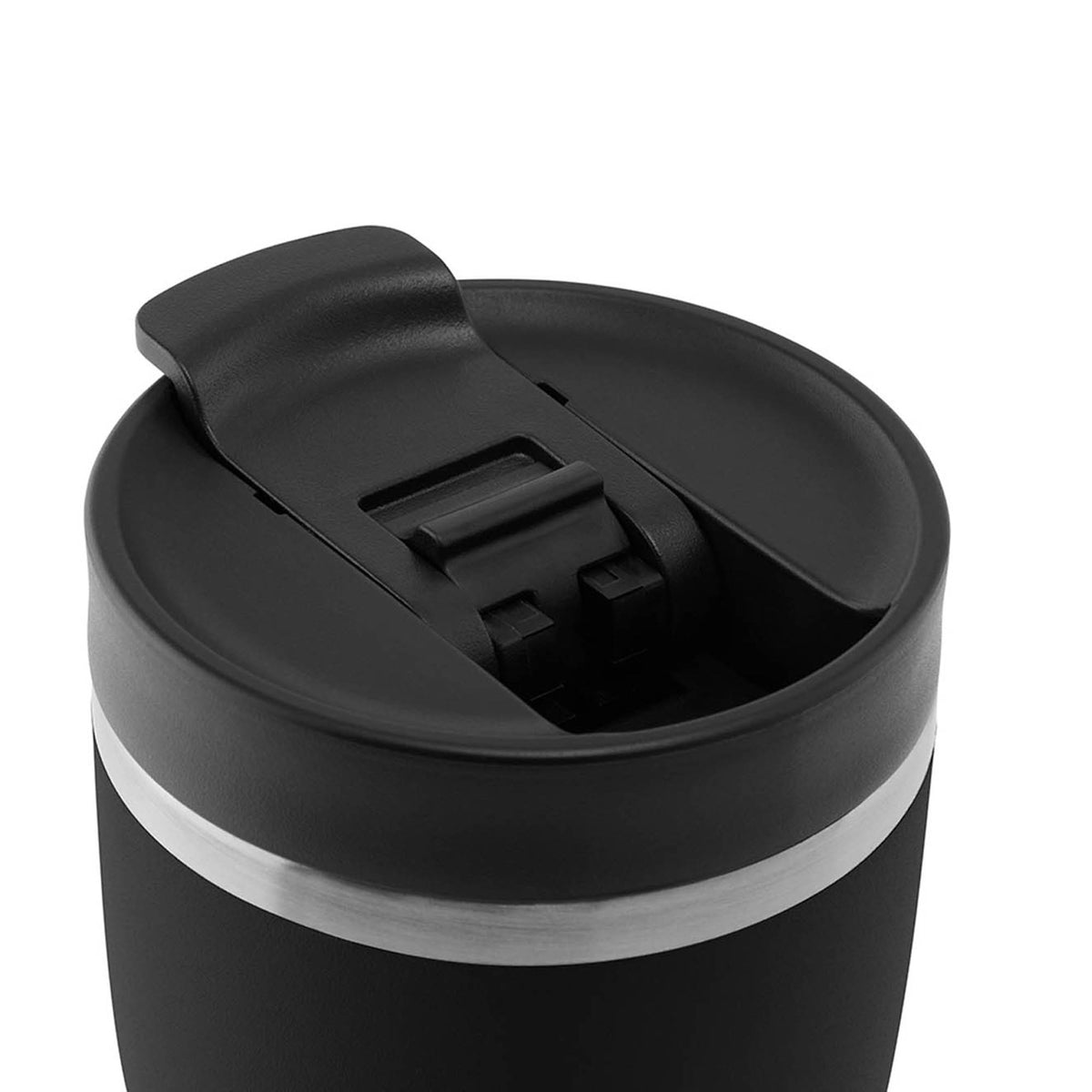 Black PROFINO Barista thermos mug with a sleek, insulated design, perfect for hot beverages on the go.
