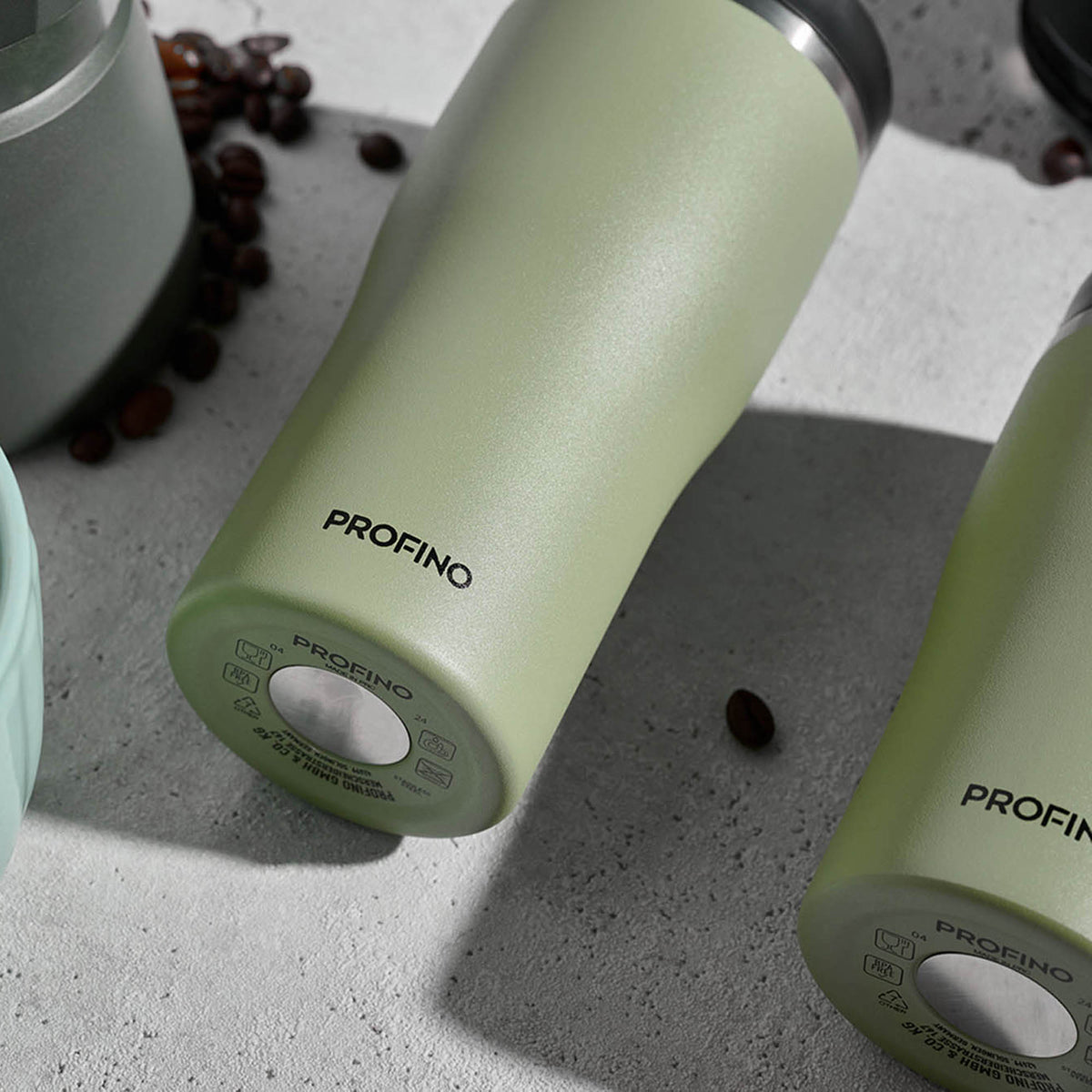 PROFINO Barista thermobecher in salbei green, stainless steel travel mug with lid for hot drinks, durable and stylish.